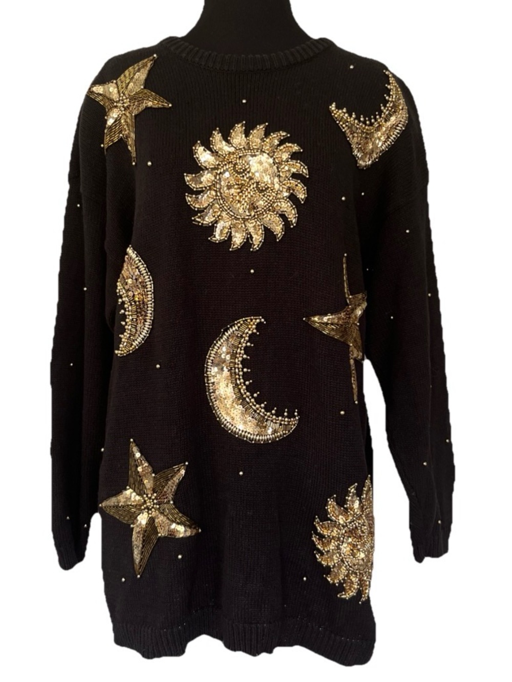 Vintage 90s Celestial Astrology Galaxy Sequin Beaded Knit Sweater Whimsigoth